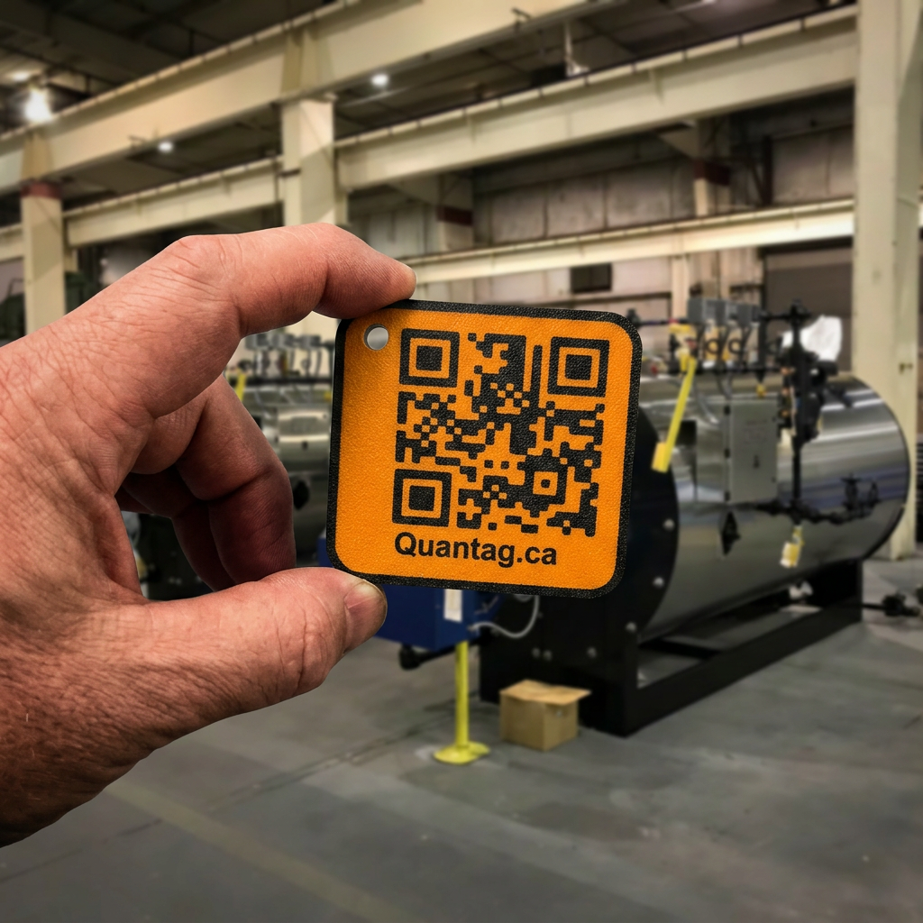 A hand holding a Quantag QR tag in front of a large commercial boiler on a plant floor