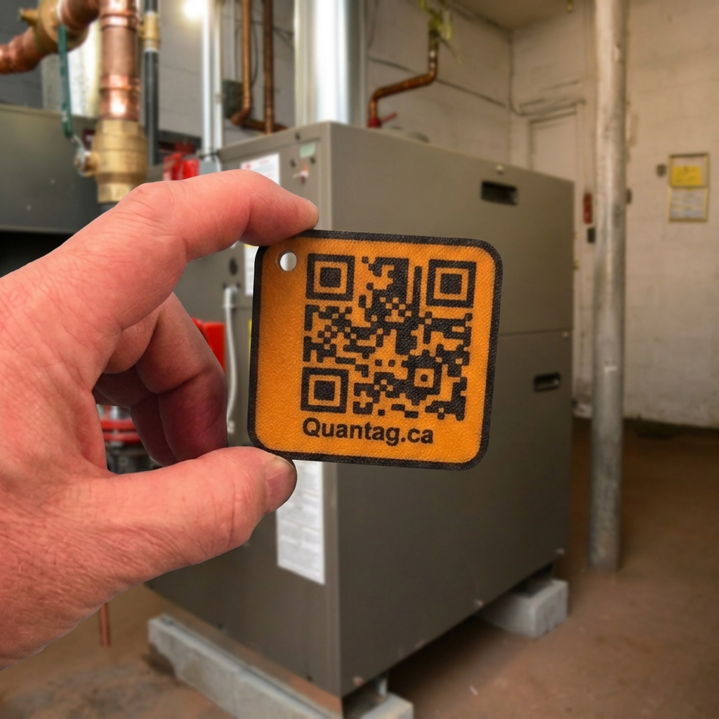A hand holding a Quantag QR tag in front of a boiler in a mechanical room
