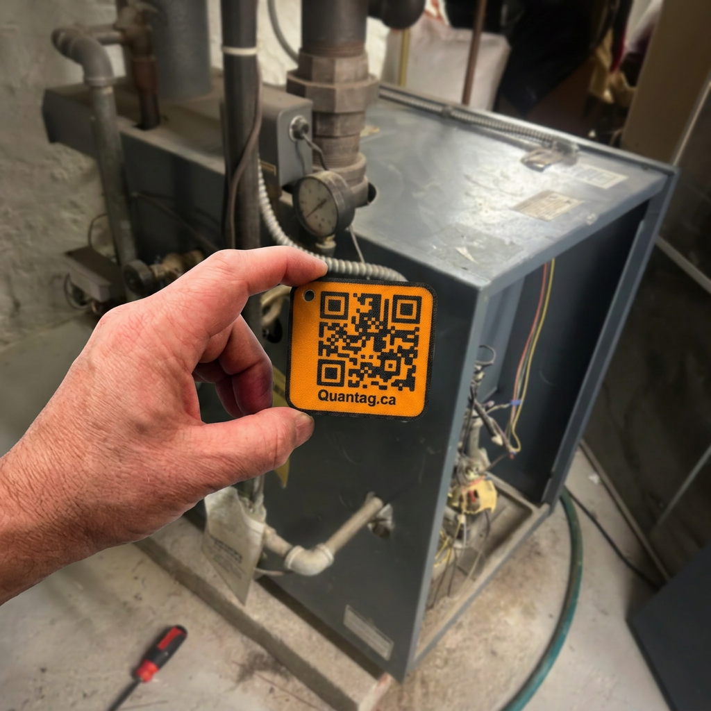 A hand holding a Quantag QR tag in front of an older boiler in a basement